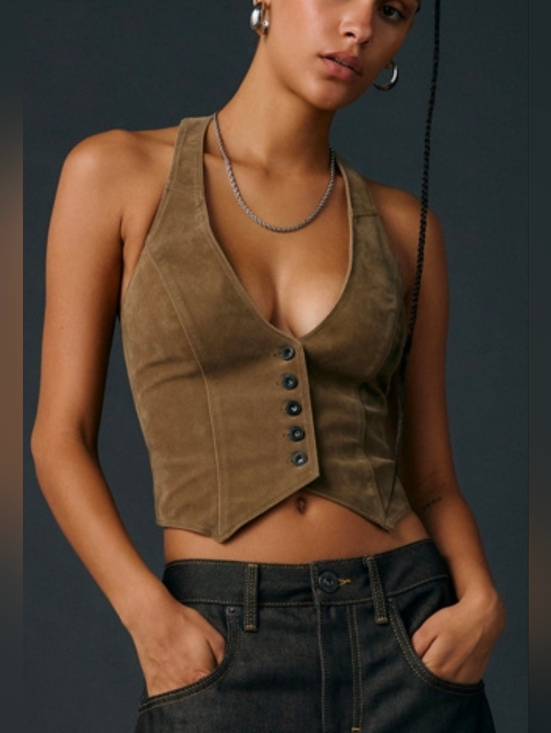 Urban Outfitters Tops - UO Faux Suede Tan Button Up Cropped Vest